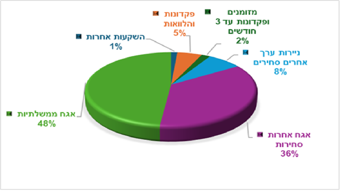 מזומן 0.78%, אג"ח ממשלתי 57.47%, אג"ח קונצרני 32.98%,ני"ע 0.33%, פקדונות 6.26%, השקעות אחרות 2.19% (הגדל)